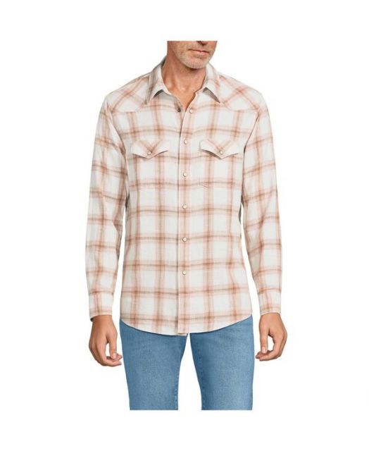 セール，格安 【送料無料】 ランズエンド メンズ シャツ トップス Men's Western Shirt Ivory/dark caramel plaid 長袖シャツ