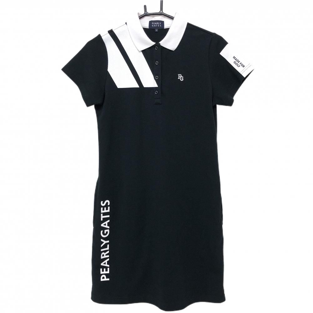 美品】パーリーゲイツ 半袖ポロワンピース 黒×白 肩ライン サイドロゴ  