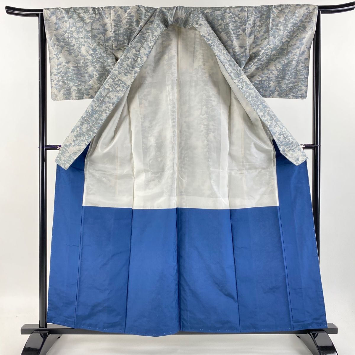 大島紬 身丈159cm 裄丈65.5cm M 袷 都喜ヱ門 証紙 樹木 青灰色 正絹 美  