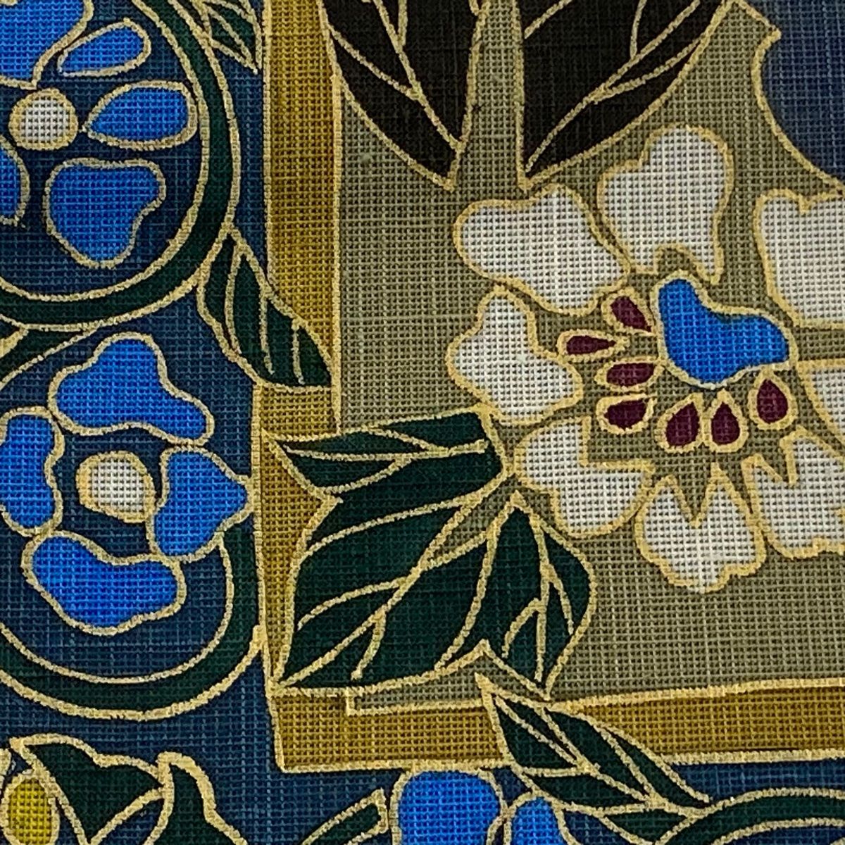 半幅帯 名品 花唐草 金彩 茶緑色 正絹