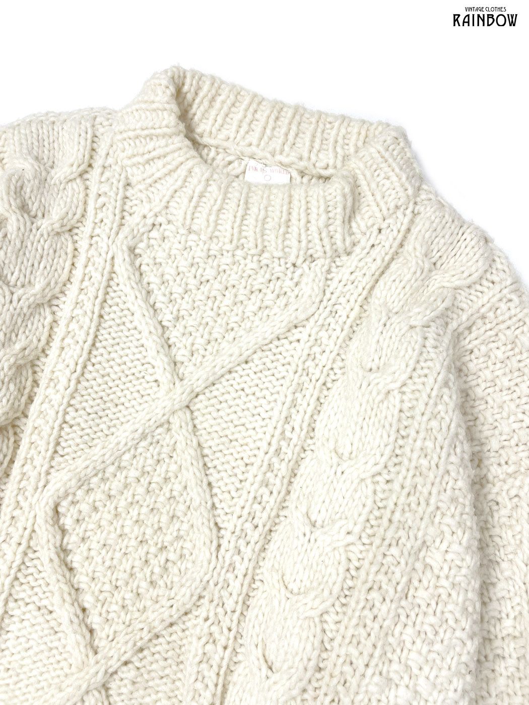 古着 INKA S WORLD アラン ハイネック 無地 ウール100％ 長袖 ニット セーター 生成り 白 ベージュ ttu 2509039