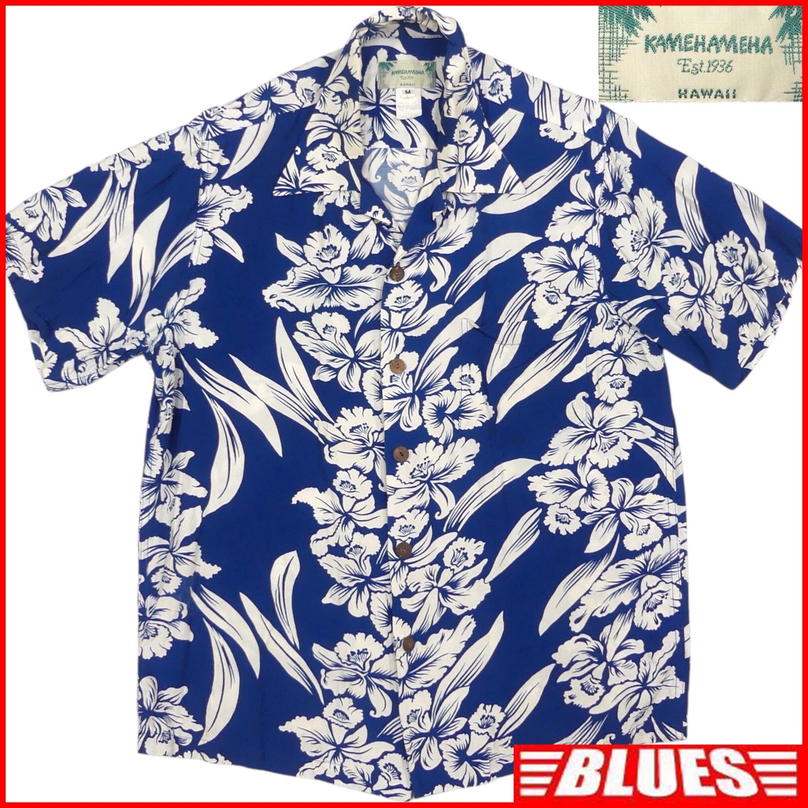 KAMEHAMEHA カメハメハ アロハシャツ 花柄 ブルー Mサイズ ハワイ製 アロハシャツサイズM一覧←SEULB屋着古← X7903