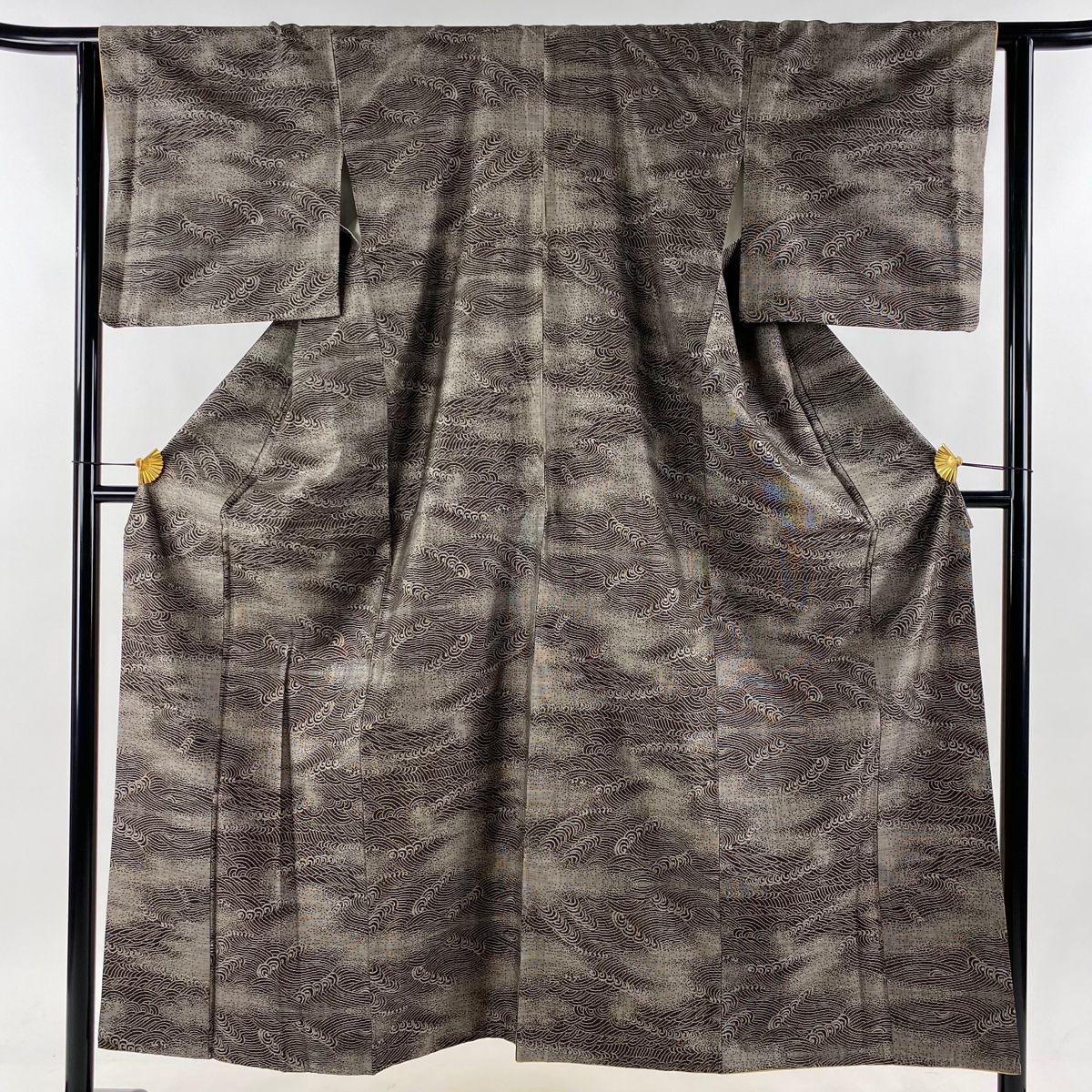 紬 身丈152cm 裄丈62cm S 袷 波頭 焦茶色 正絹 名品