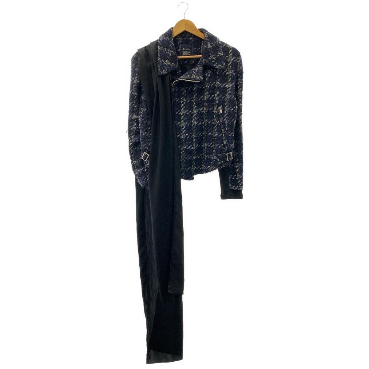 LIMI feu リミフゥ ツイード ブルゾン ダブルジップ ジャケット S ブルー ブラック ホワイト レディース