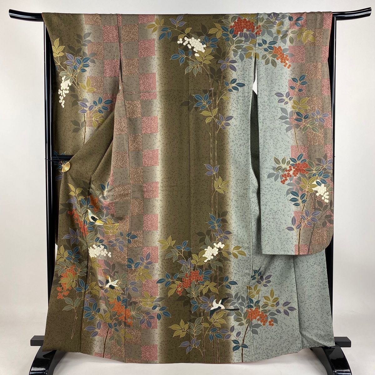 振袖 身丈165cm 裄丈65cm M 袷 南天 鳥 金糸 金彩 茶緑色 正絹 秀品