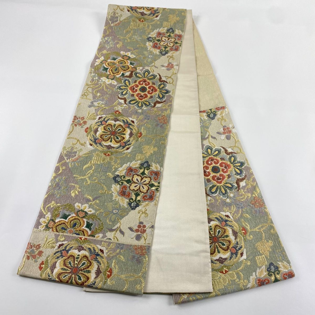 袋帯 美品 名品 落款 豊田宏一 天竺更紗華文 草花 刺繍 金糸 灰緑 六通