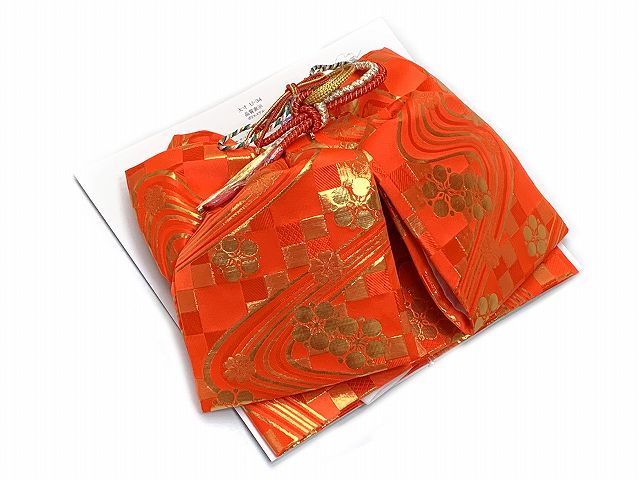 七五三 7歳 女の子大寸 金襴生地 結び帯 はこせこセット ペアセット(合繊)【朱赤系、市松に梅】UTPS-P34