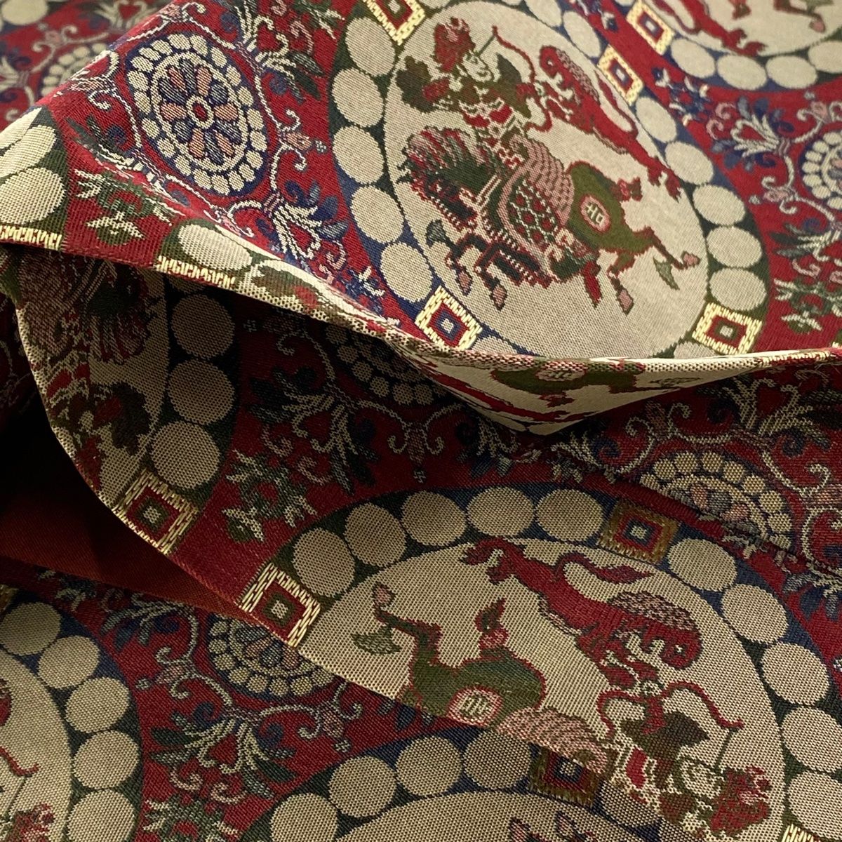 開き名古屋帯 名品 龍村美術織物 比翼仕立て 獅子狩文錦 えんじ