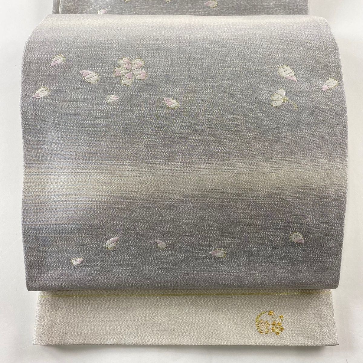 袋帯 名品 関西仕立て 桜 花びら 銀糸 唐織 灰紫 全通 正絹