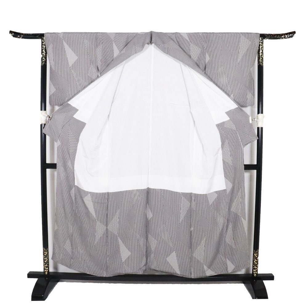 縞小紋 袷 正絹 黒 白 縦縞 菱文 SMサイズ ki29609 美品 こもん