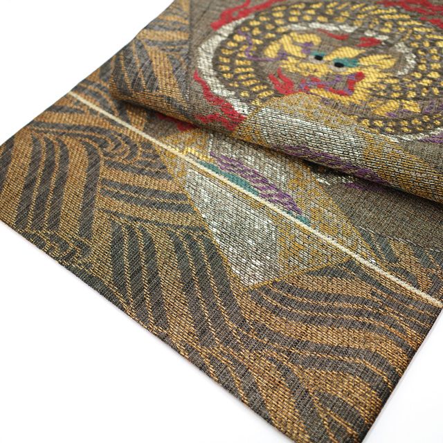 平和屋本店□極上 十日町 名門青柳謹製 櫛引織 太鼓柄袋帯 黒地 逸品