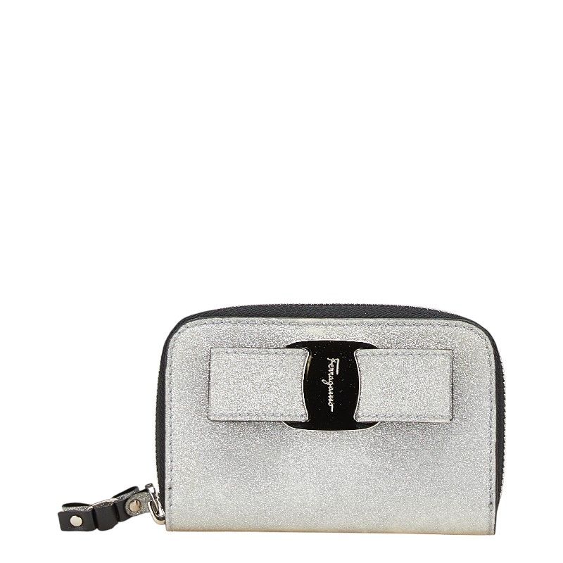 サルヴァトーレフェラガモ ヴァラリボン ラメ シルバー ブラック グリッターキャンバス レザー レディース Salvatore Ferragamo 1-0203604