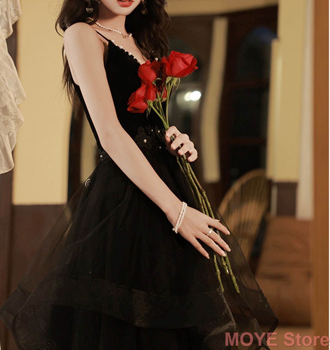新品 カラードレス 黒のドレス キャミソール 2024年新作 小柄でスリムに見える 学生用 宴会ドレス パーティードレス 結婚式 演奏会 花柄  カラードレス 黒 キャミソール パーティードレス 演奏会 発表会 イブニングドレス フォマールドレス 二次会 ロングドレス エレガント ..., image size:1100x1166