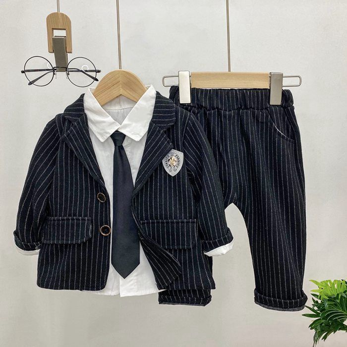スーツ ベビースーツ フォーマル 男児スーツ スーツ 男の子 キッズ フォーマル 子供 3点セット 紳士服 男の子 ジャケット＋シャツ+ズボン タキシード ストライプ柄 ゴムウェスト子供服 七五