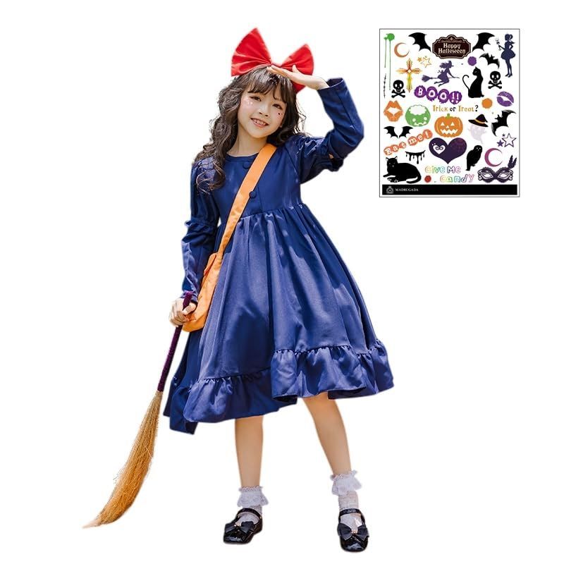 Size:150cm [マドルガーダ] 魔女 キキ コスプレ 衣装 ハロウィン タトゥーシール バッグ カチューシャ 付き 4点セット 魔法使い ワンピース 袖丈切り替え キッズコスチューム 女の子 S804 (150cm)