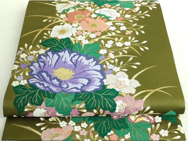 平和屋着物 上 巨匠 前田華清 手描き 六通柄袋帯 唐織 草花文 璃寛茶色地 金銀糸 DZAA8759kh5