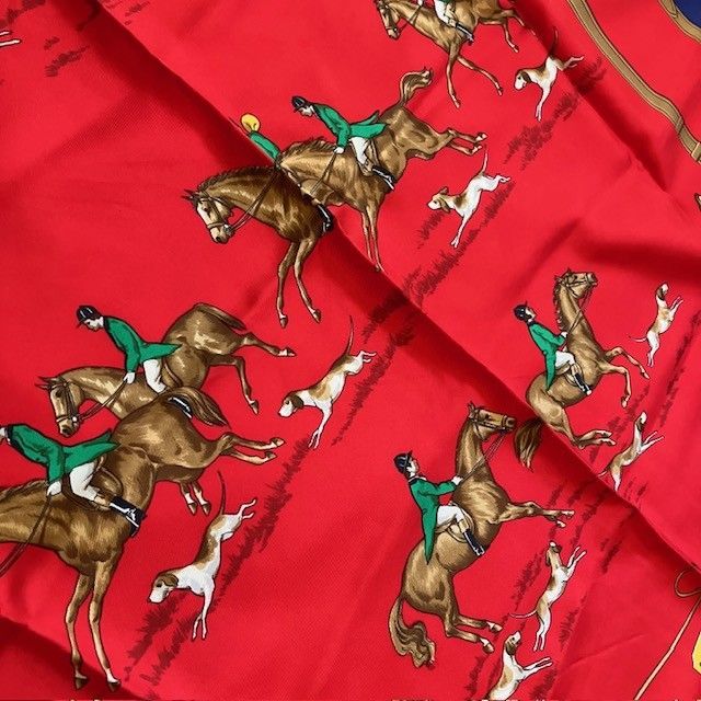 セリーヌ CELINE Horse＆Rider モチーフ 赤Xネイビー シルク
