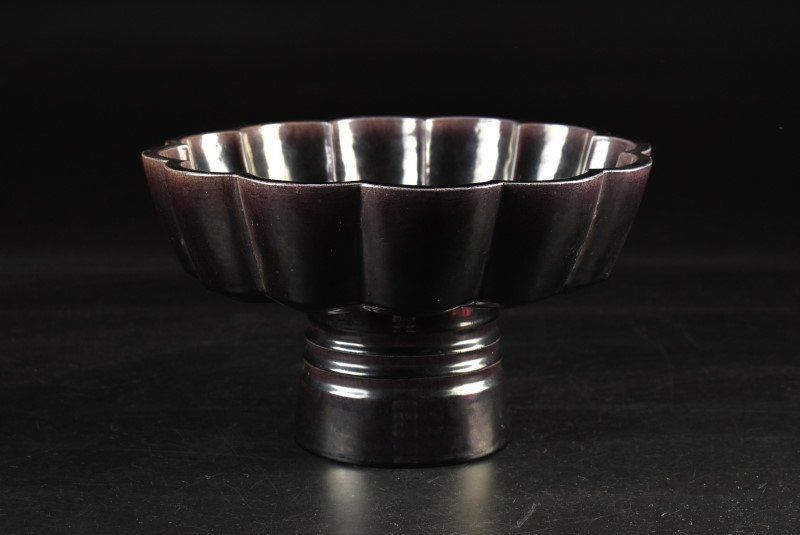 蔵A3580 九谷焼 初代 中村梅山 紫釉菓子鉢 高盃