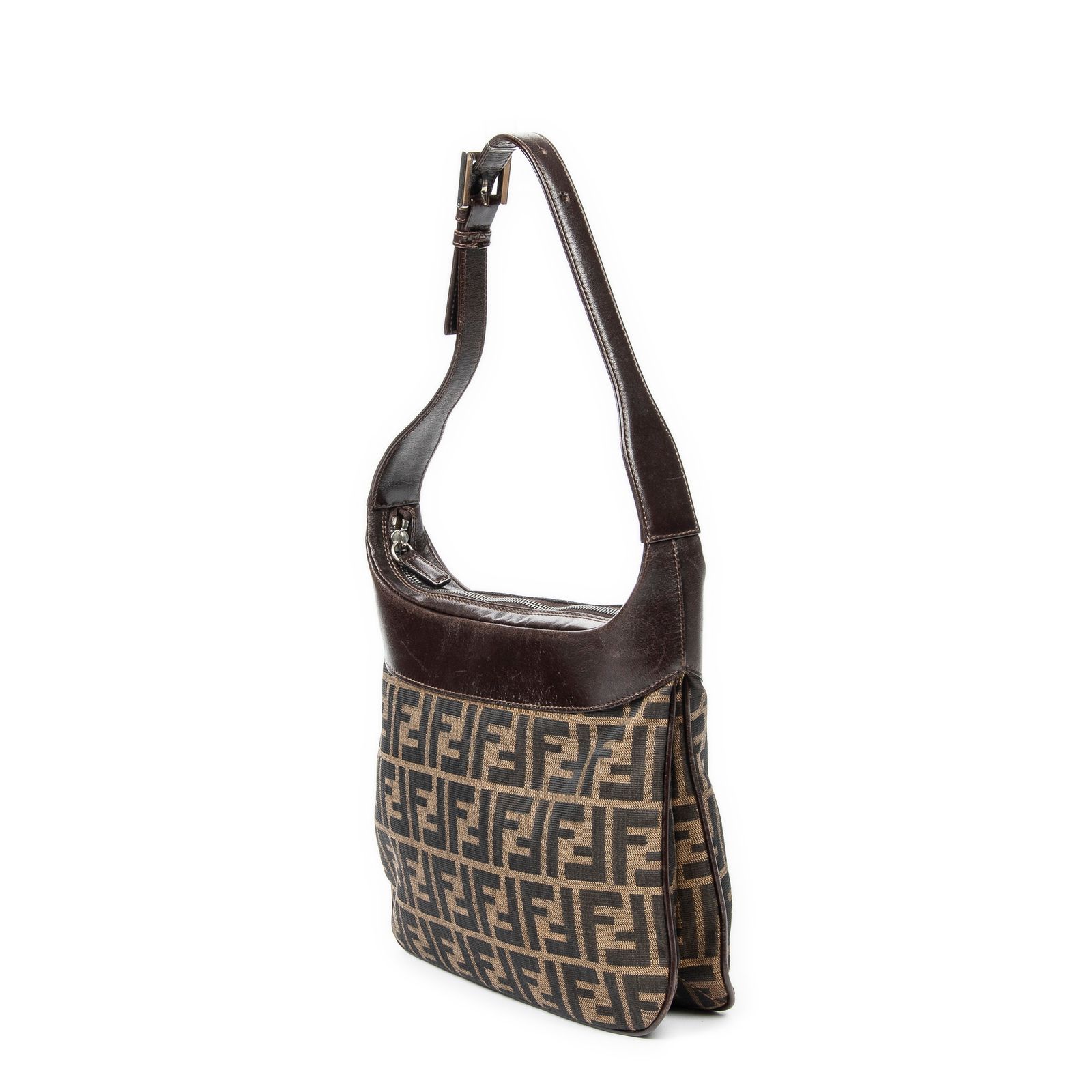 FENDI フェンディヴィンテージスクエアジップホーボータン ダークブラウンズッカキャンバスAB