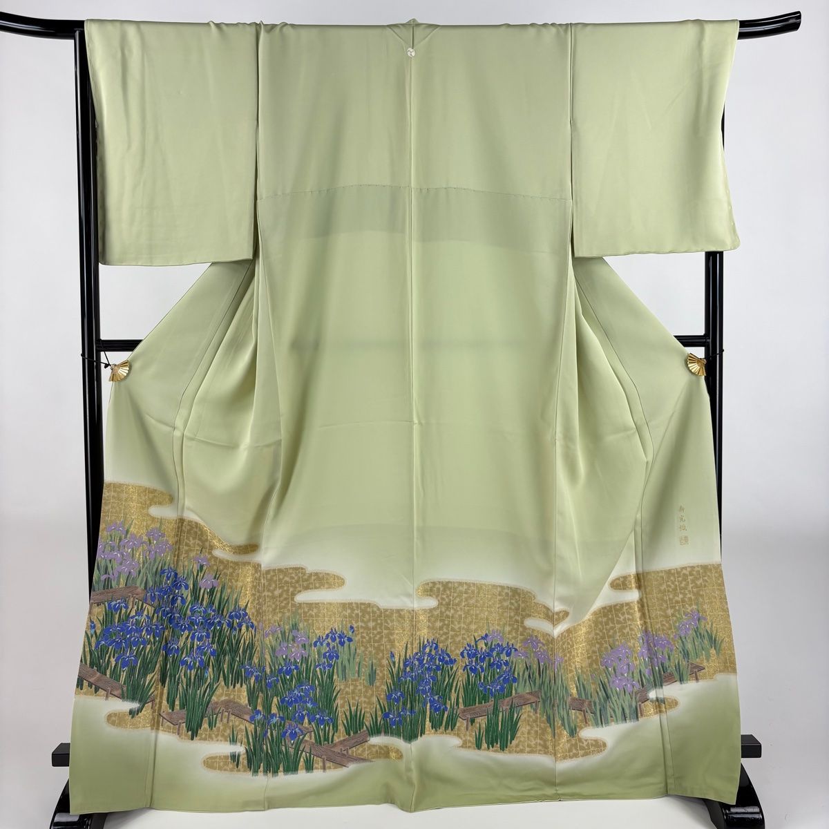 色留袖 身丈169.5cm 裄丈68cm L 袷 寿光織 落款 菖蒲 八ツ橋 金糸 ぼかし 抹茶色 正絹 秀品 一つ紋