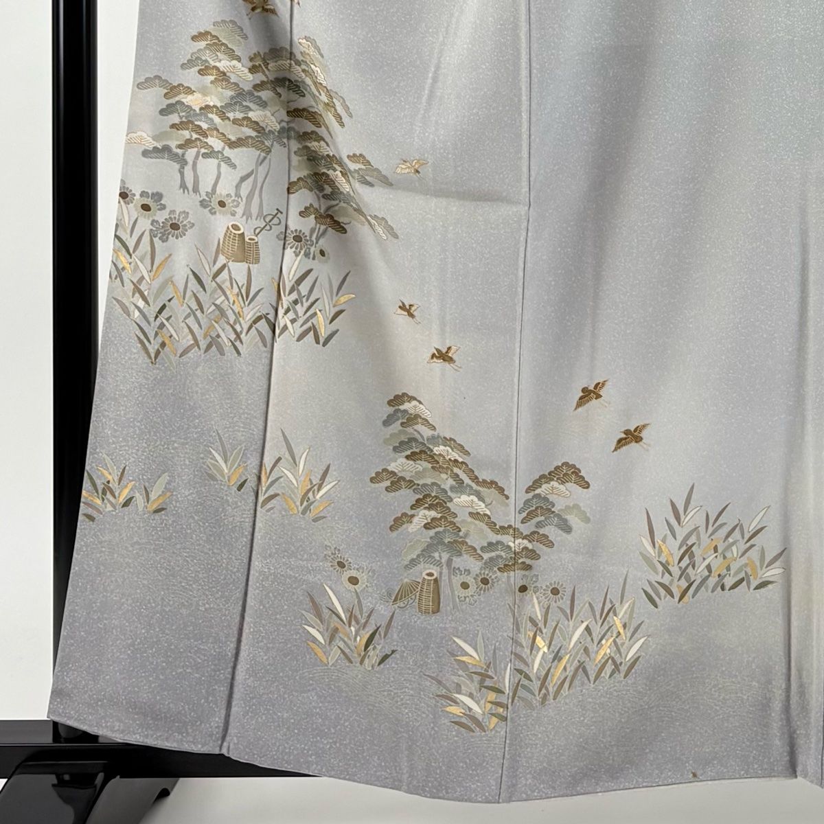 訪問着 身丈159cm 裄丈64cm M 袷 笠松 花鳥 金彩 ぼかし 灰色 正絹 秀品
