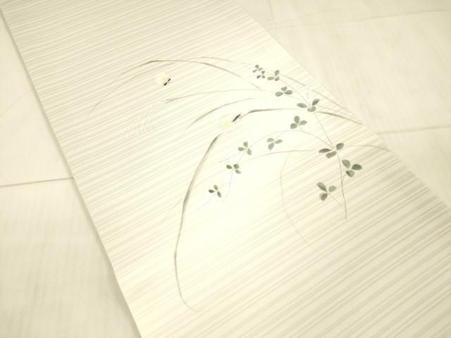 平和屋着物＊夏物　変わり絽塩瀬　九寸開き名古屋帯　手描き　草葉文　蛍　銀彩　正絹　逸品　DAAX5675cm 平和屋着物＊夏物 変わり絽塩瀬 九寸開き名古屋帯 手描き 草葉文 蛍 銀