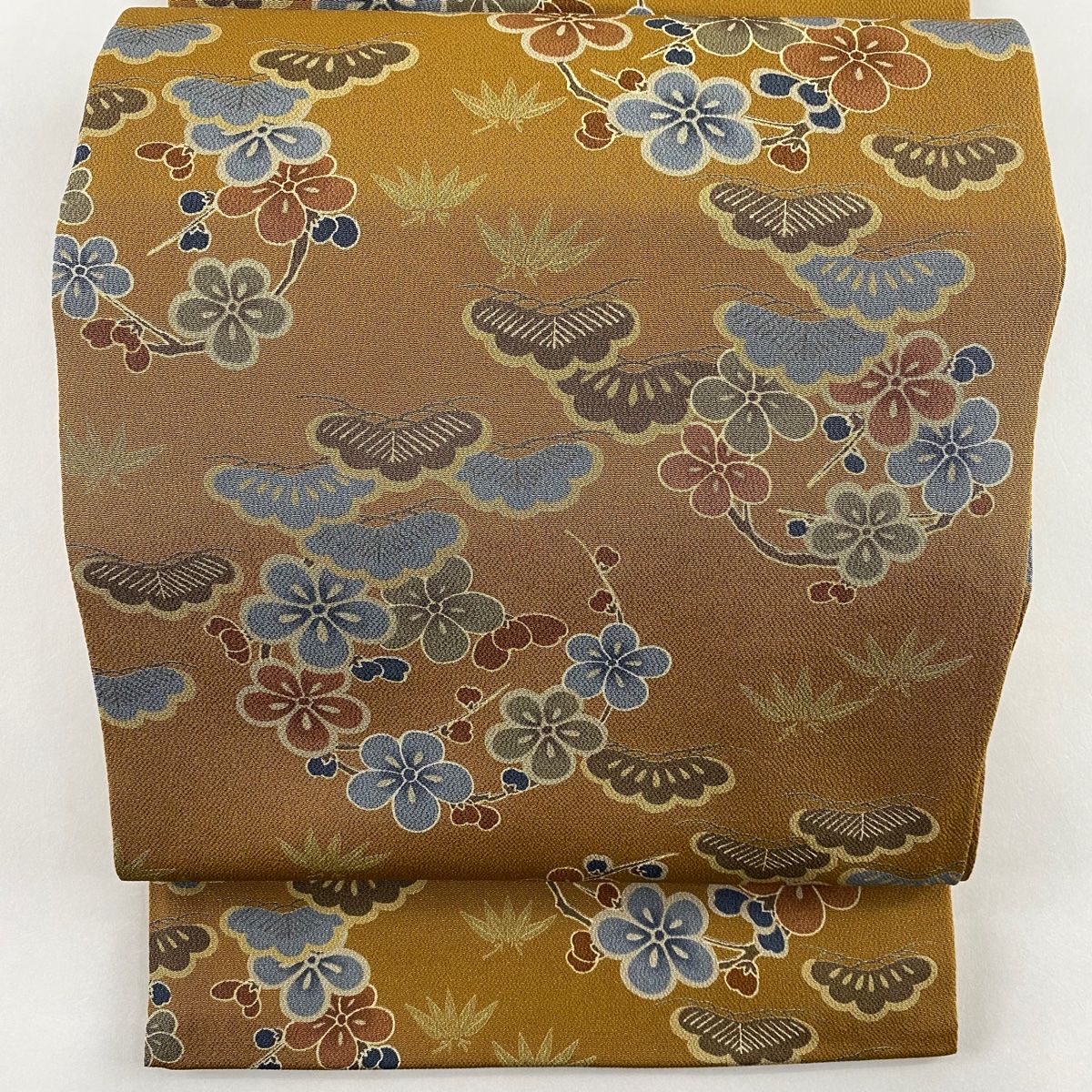 開き名古屋帯 美品 秀品 松竹梅 山吹茶色 正絹 中古 - 着物、浴衣