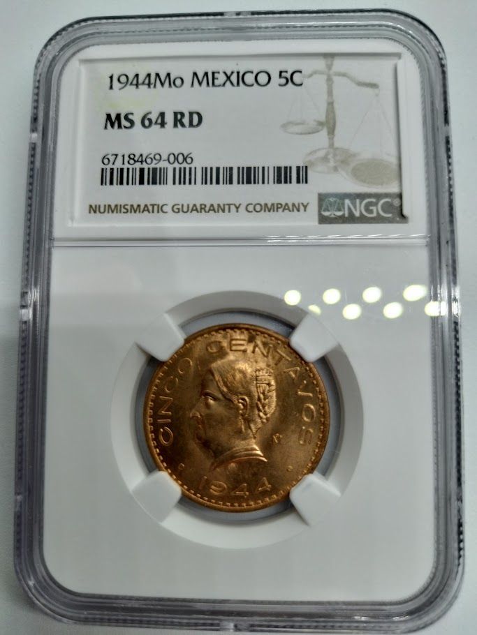 NGC MS64RD 1944年 メキシコ 5センタボス銅貨