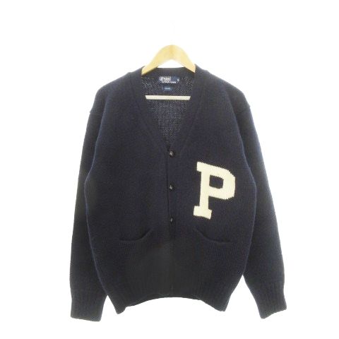 ポロ バイ ラルフローレン Polo by Ralph Lauren ニットカーディガン Vネック 長袖 Pロゴ インターシャ ウール 厚手 L 紺 ネイビー |AH14 GY44