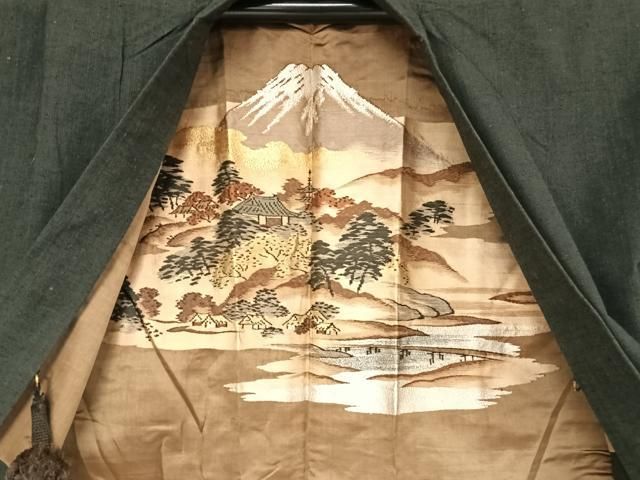 平和屋着物○男性 紬 アンサンブル 色無地 藍墨茶色 正絹 逸品