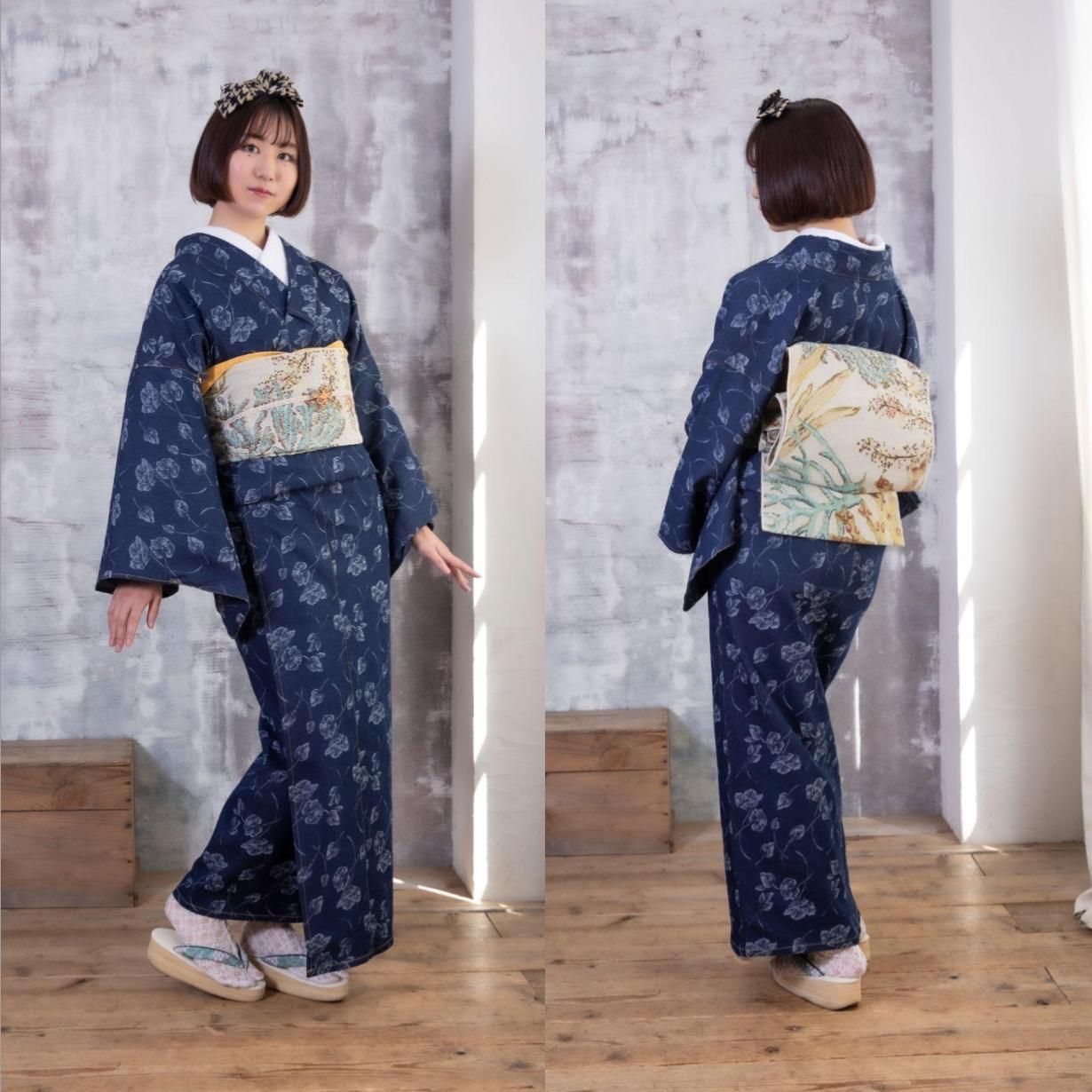 未着用　小紋　デニム着物　縦縞模様　ペールオレンジ　縦様着物　083w p 小紋】臙脂色に縦縞模様の紬着物 - メルカリ