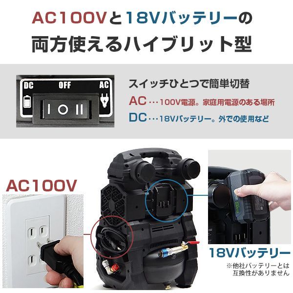 エアーコンプレッサー CP-1851 PRO 本体のみ 充電式＆100 Vハイブリッド型 デジタル制御 アルミ製タンク