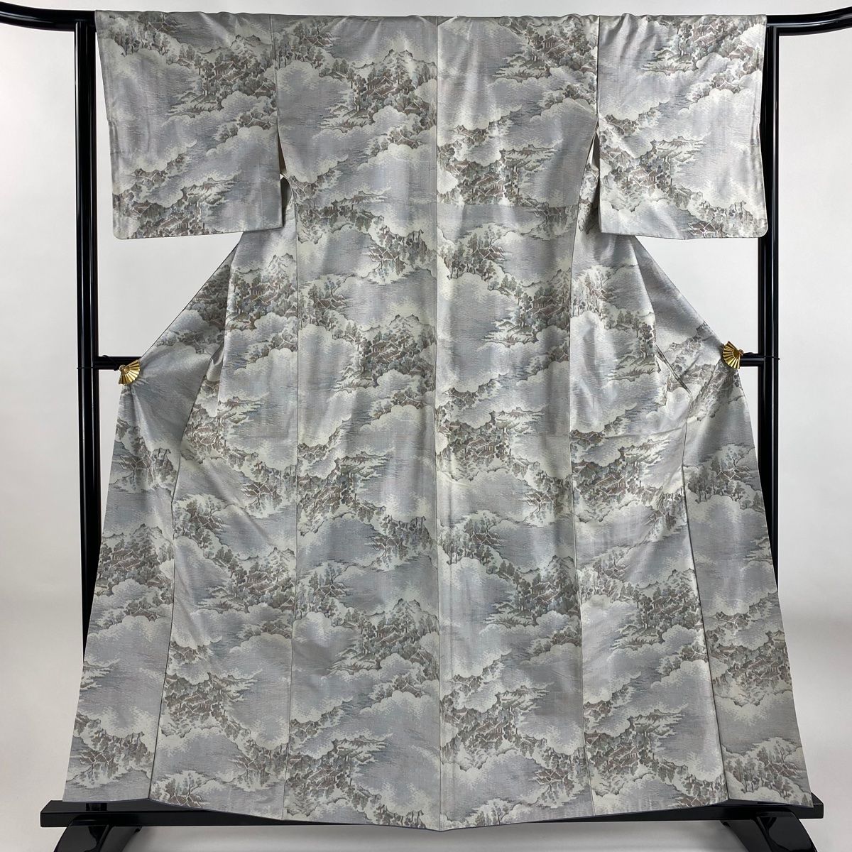 紬 身丈160cm 裄丈64cm M 袷 証紙 雲文 建物 青灰色 正絹 秀品