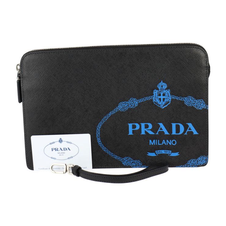 PRADA◇プラダポーチ ロゴプレート クラッチバック ブラック トラベル
