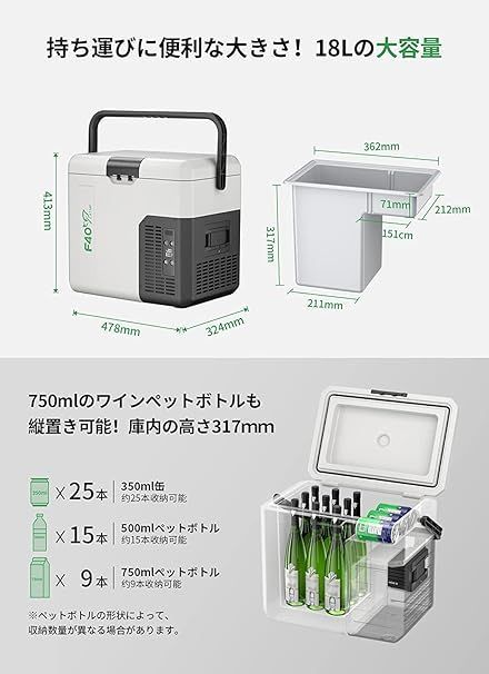 F40C4TMP 車載冷蔵庫 18L 大容量 ポータブル冷蔵庫 【 ソーラーパネル給電 可能】 -20℃～20℃調整 4WAY電源対応 家庭用車載用 AC100V/DC12V24V 静音 大型ハンドル付 車中泊 キャンプ アウトドア 家庭停電適用