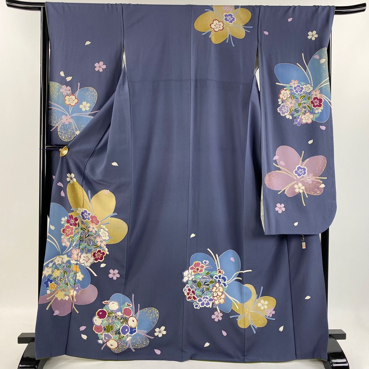 振袖 身丈168.5cm 裄丈66.5cm M 袷 落款 桜 桔梗 金糸 金彩 青