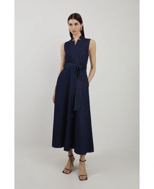 送料無料 カレンミレン レディース ワンピース トップス Women s Belted Denim Midi Dress Indigo