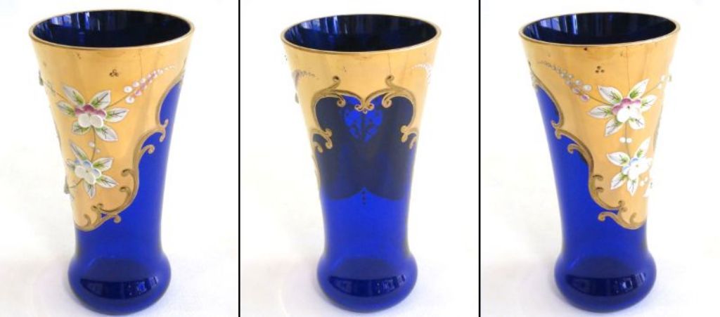 ボヘミア BOHEMIA 金彩花装飾 グラス 水色 チェコ ムラーノ ベネチアングラス 2客 ペア ② BOHEMIA Cristal - BOHEMIA ボヘミア ガラス 花瓶 ボヘミアングラス