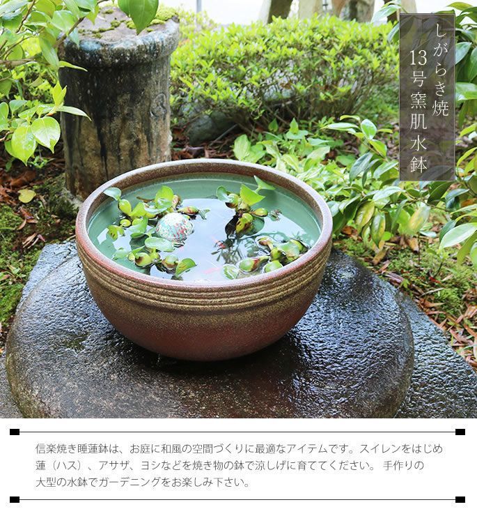 信楽焼 陶器 水鉢 メダカ鉢 金魚鉢 睡蓮鉢 13号窯肌ボール型水鉢 su-0082