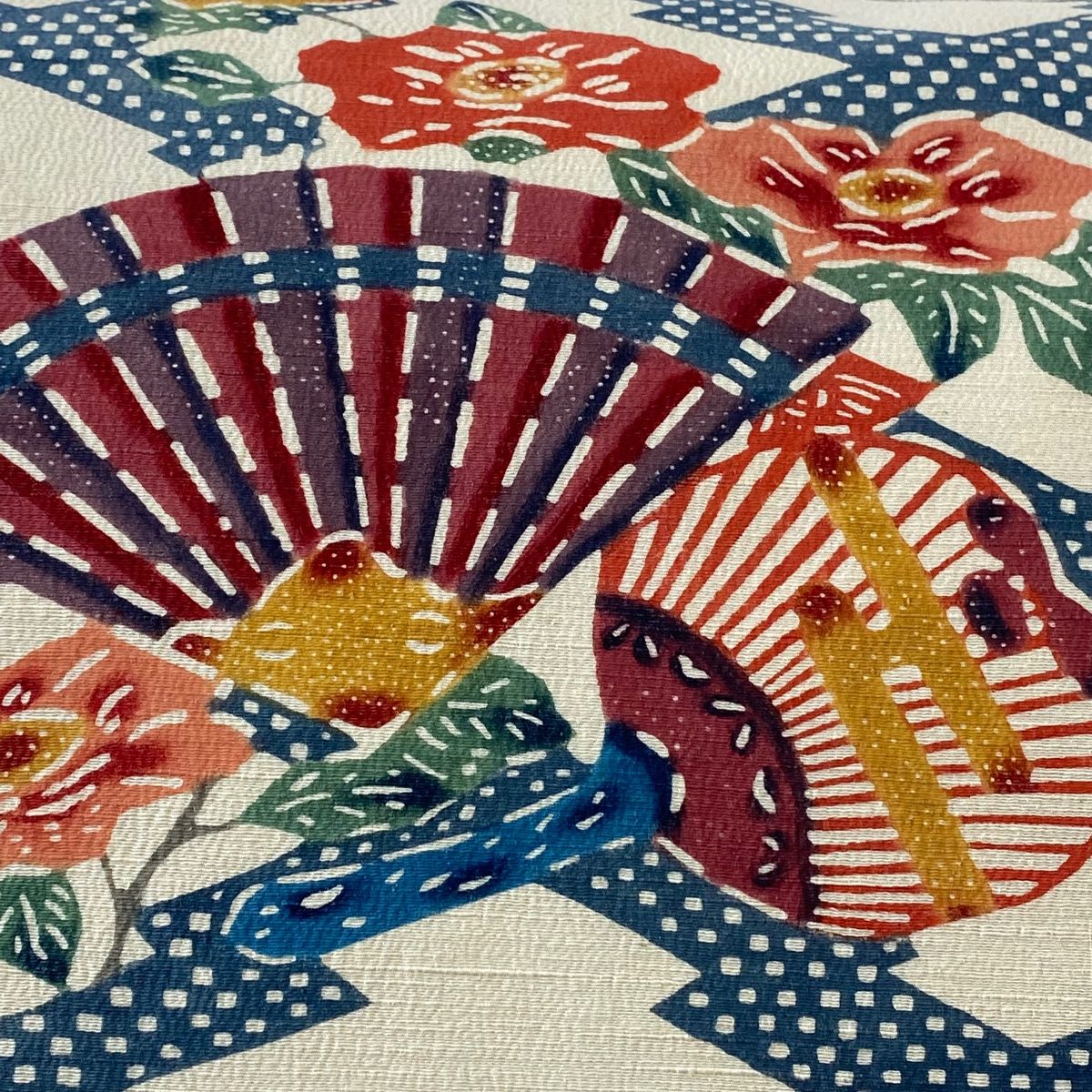 名古屋帯 秀品 紬地 扇 松皮菱 クリーム 正絹