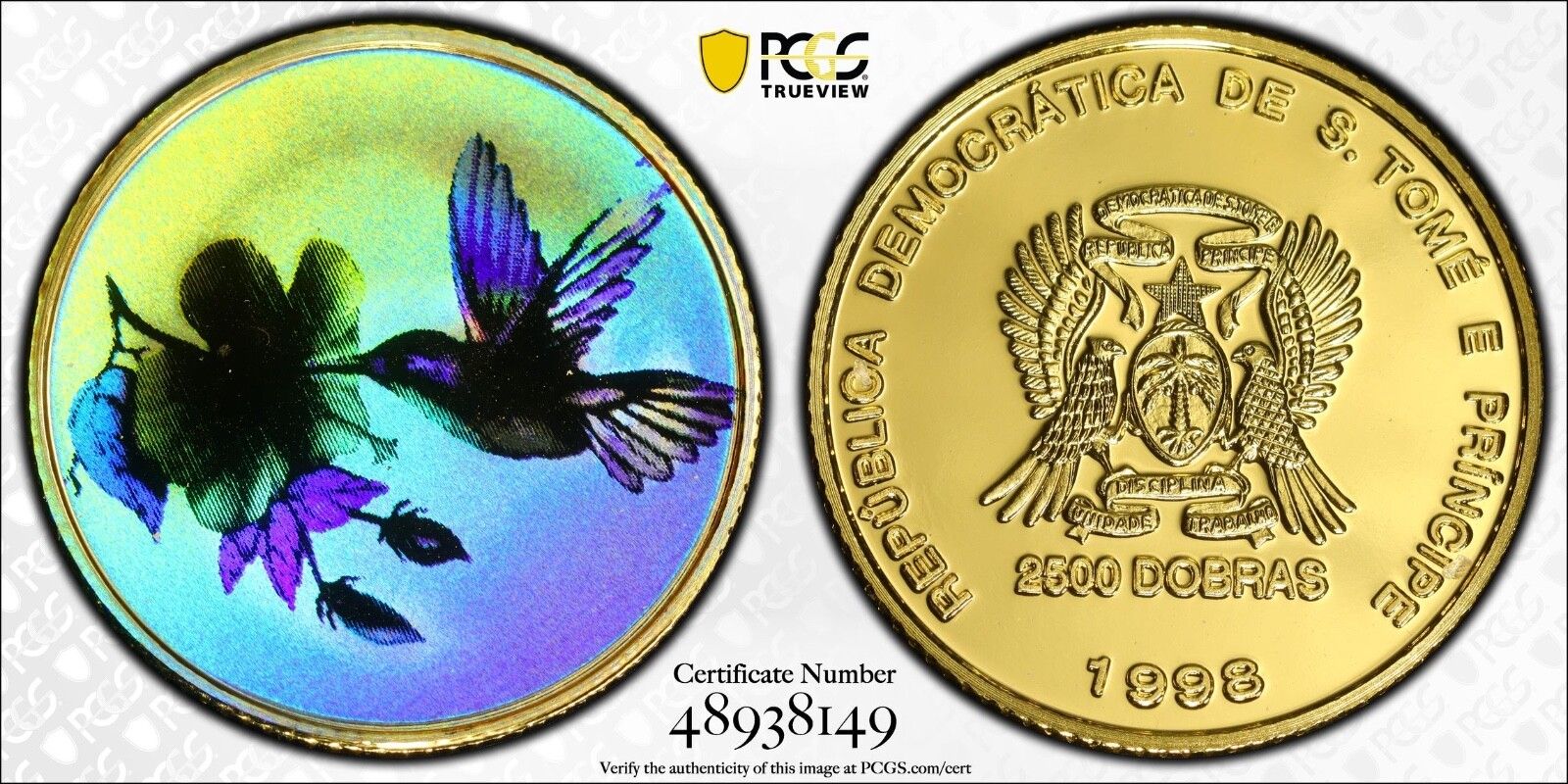 1998 St.Thomas Prince G 2500 Dobras Hummingbird Hologram -PCGS PR70 DCAM