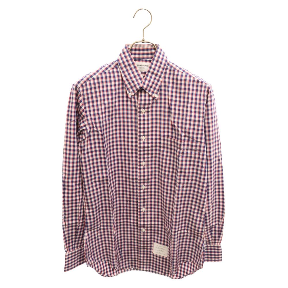 THOM BROWNE (トムブラウン) ボタンダウンギンガムチェック柄コットン長袖シャツ ホワイト/レッド/ネイビー