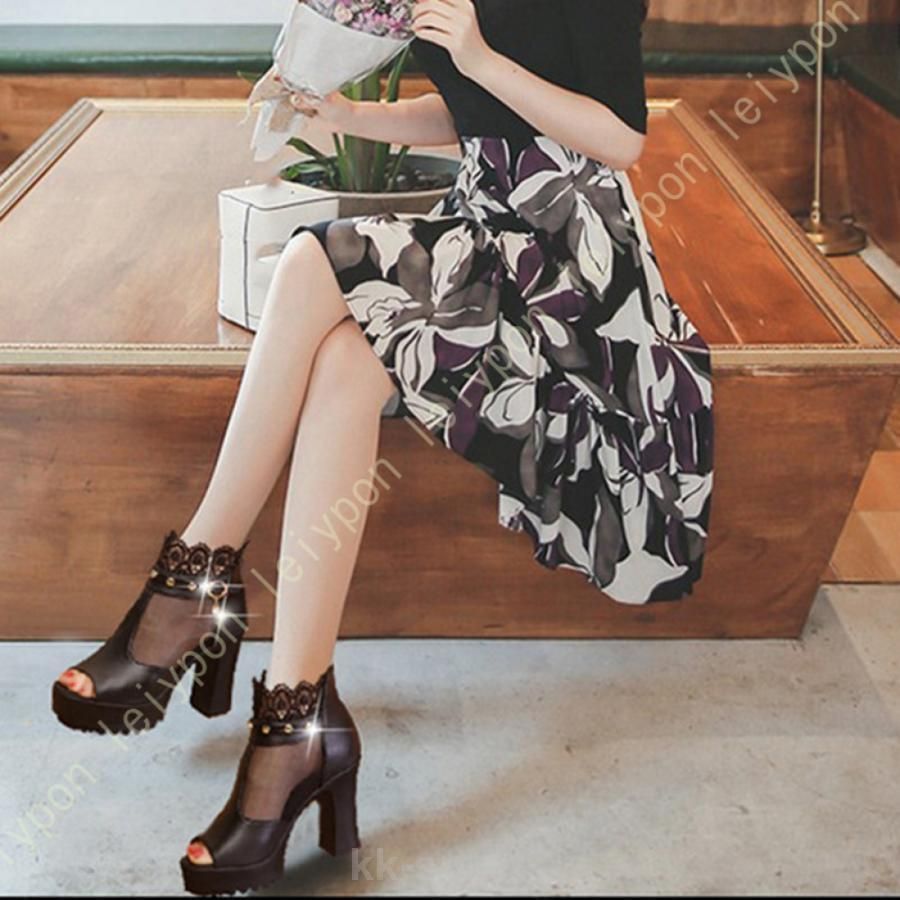 ブーツサンダル サマーブーツ レディース ショートブーツ ファッションサンダル レース 6cm パンプス オープントゥ チャンキーヒール 夏ブーツ サンダル P10倍！4480→実質4032円 10⁄27までサマーブーツ レディース