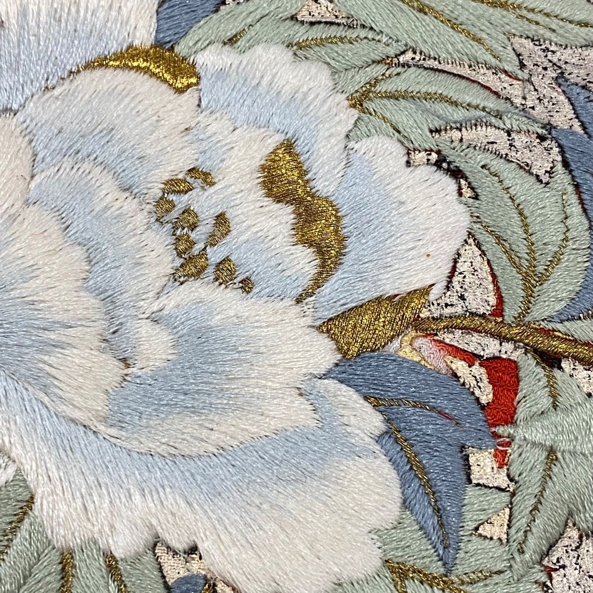 振袖 身丈168cm 裄丈68cm L 袷 扇面 草花 刺繍 絞り 朱色 正絹