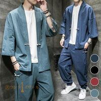 リネン セットアップ メンズ 夏 半袖 2点セット 綿麻 トップス カーディガン おしゃれ ジャージ スウェット 薄手 接触冷感 サルエルパンツ シャツ ハーフ パンツ 通気 部屋着 カジュアル上下セット 着物 ジョガーパンツ xnuT601