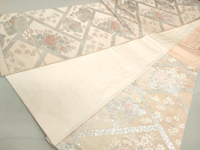 平和屋着物◎六通柄袋帯 唐織 扇面花文 銀糸 正絹 逸品