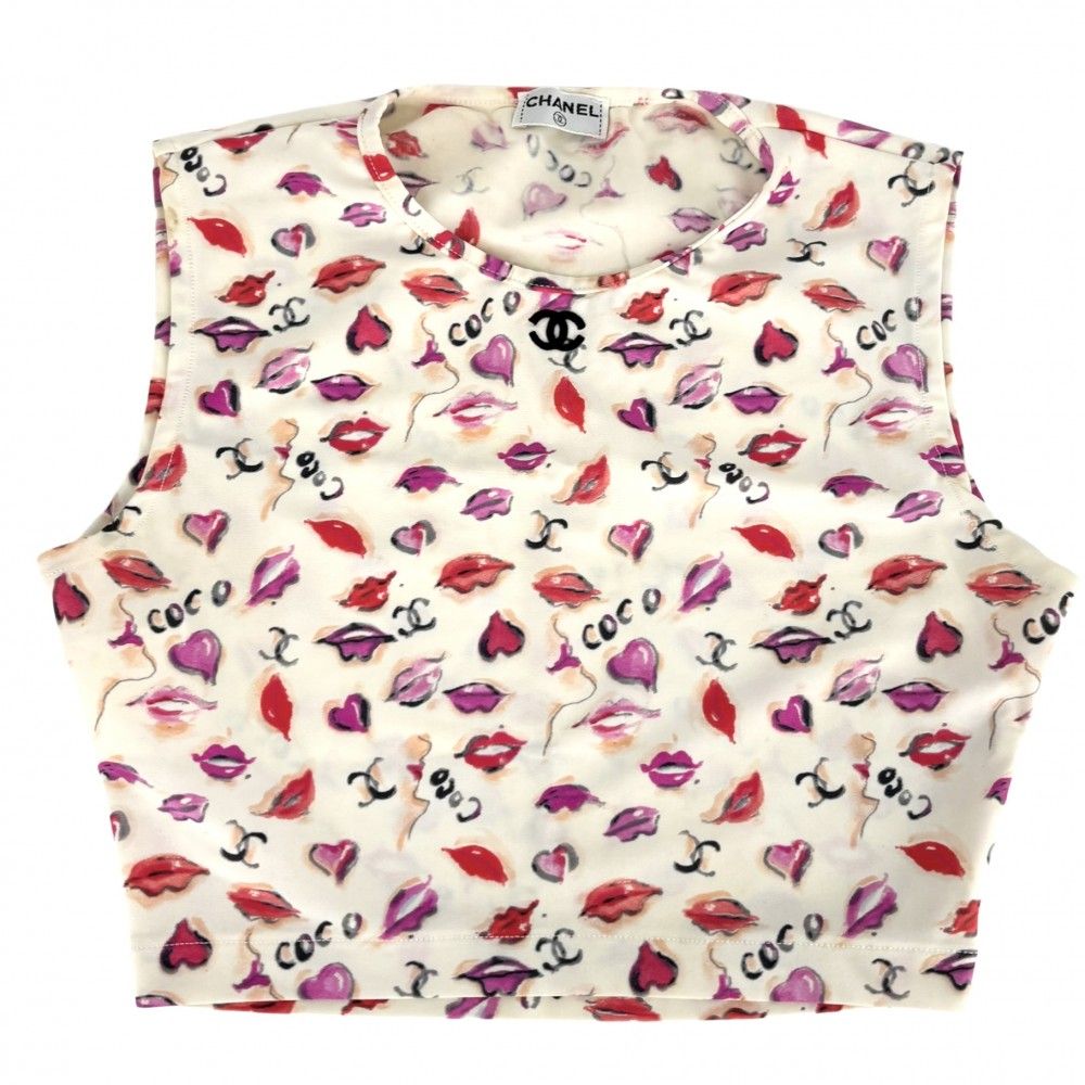 在庫一掃 シャネル タンクトップ レディース クロップド丈 水着 スイムウェア マイヨ ハート ココマーク トップス CHANEL 36 ベージュ レッド 赤 ナイロン スパンデックス 夏 品
