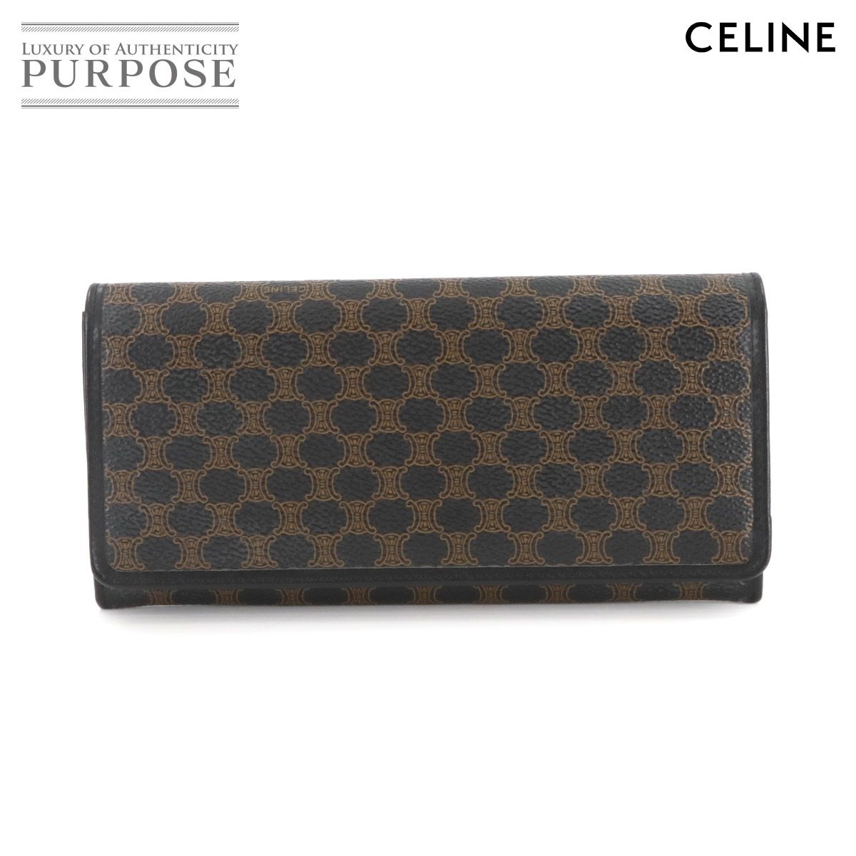 セリーヌ CELINE マカダム 二つ折り がま口 長財布 PVC レザー ブラック ブラウン ゴールド 金具 Macadam Wallet 90297087
