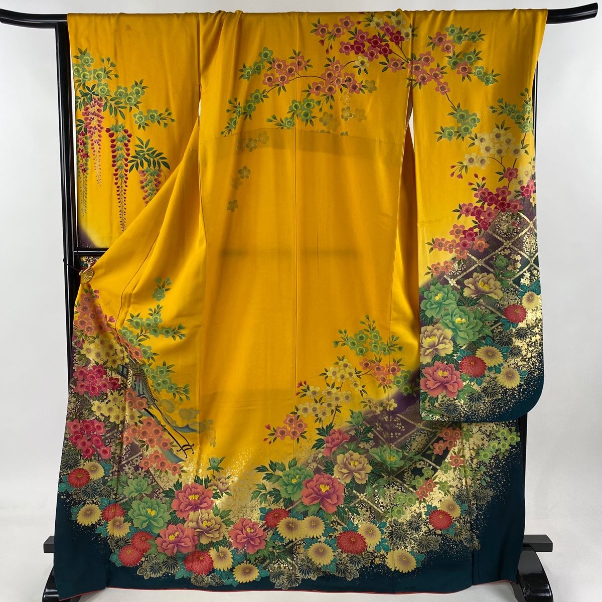 訪問着 身丈162cm 裄丈68cm L 袷 お仕覆 菊 刺繍 金彩 灰