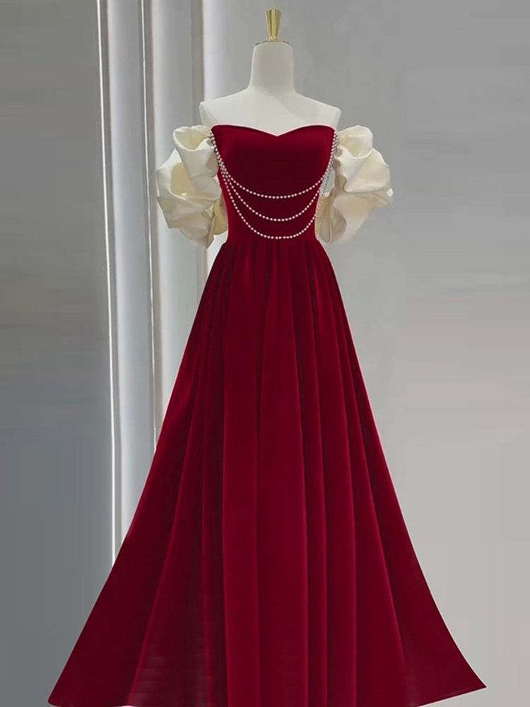 ドレス カクテルドレス ロングドレス パーティードレス 発表会 演奏会 ステージドレス イブニングドレス 大人 赤 レッド パール飾り